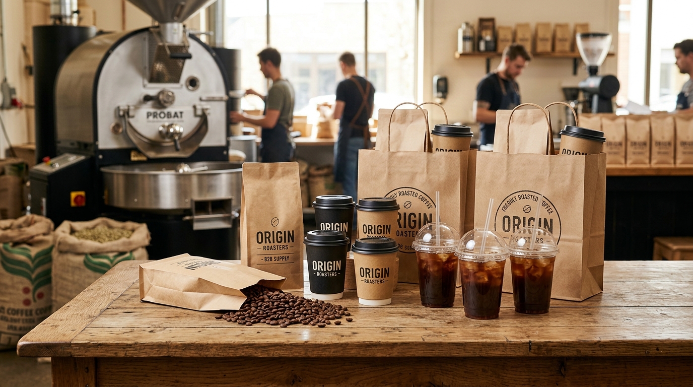 High-Load Takeaway Kraft Paper Bags with Cup Holder Inserts - Technical Product Photography - Kraft Bags for Coffee Chains & Food Delivery